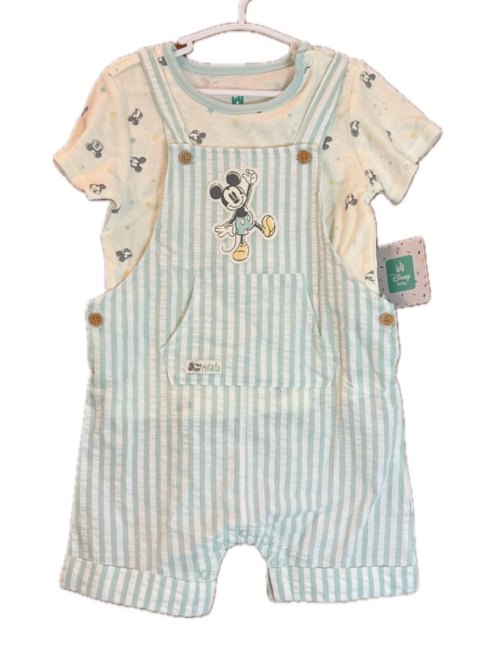 NWT Disney Baby Mickey Mouse Mint Striped Shortall & T-Shirt Set -size 24 Months